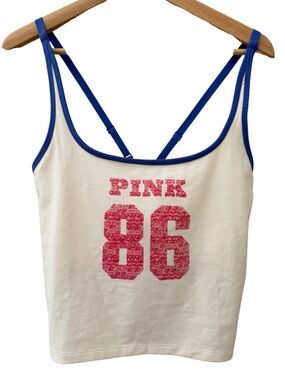 Victoria's Secret PINK All Day Tank Top Women Sz XXL Cream Blue Square Neck Bra
